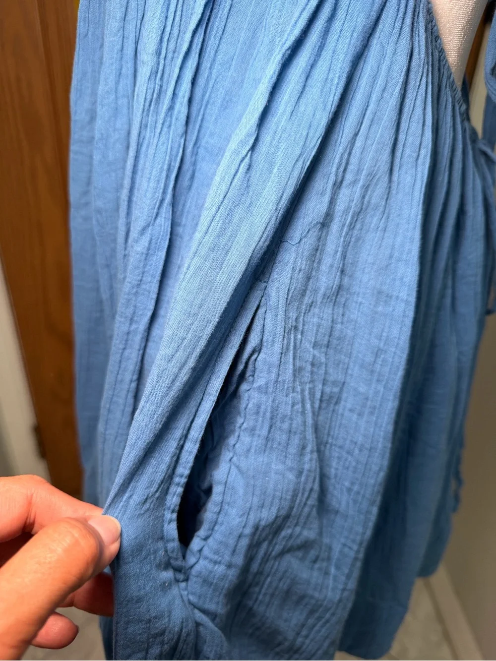 Free People Marina Mini Dress Blue Bell Puff Sleeve Open Back Tie Size M